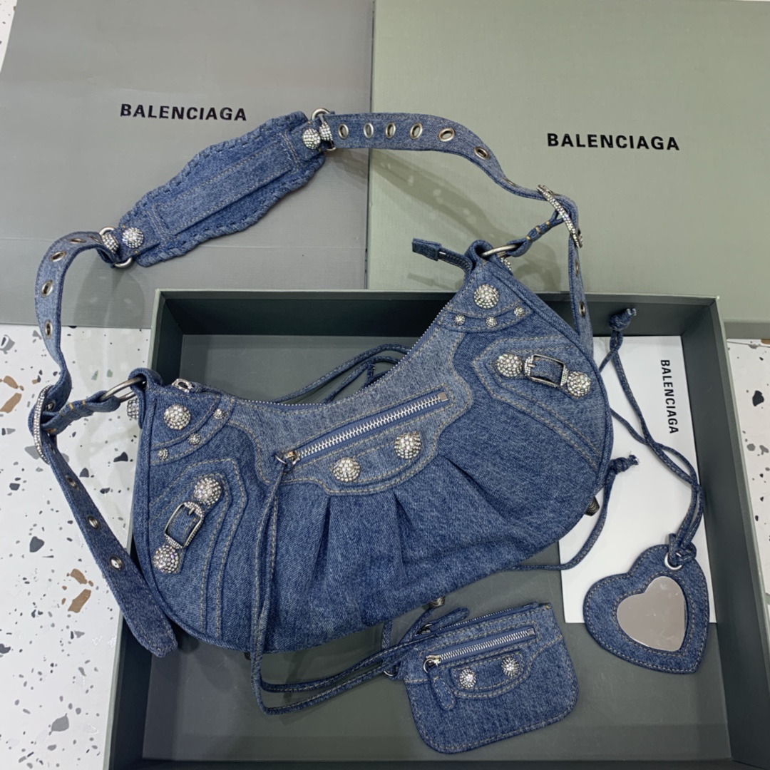 Balenciaga Le Cagole Small Shoulder Bag in Denim With Rhinestones